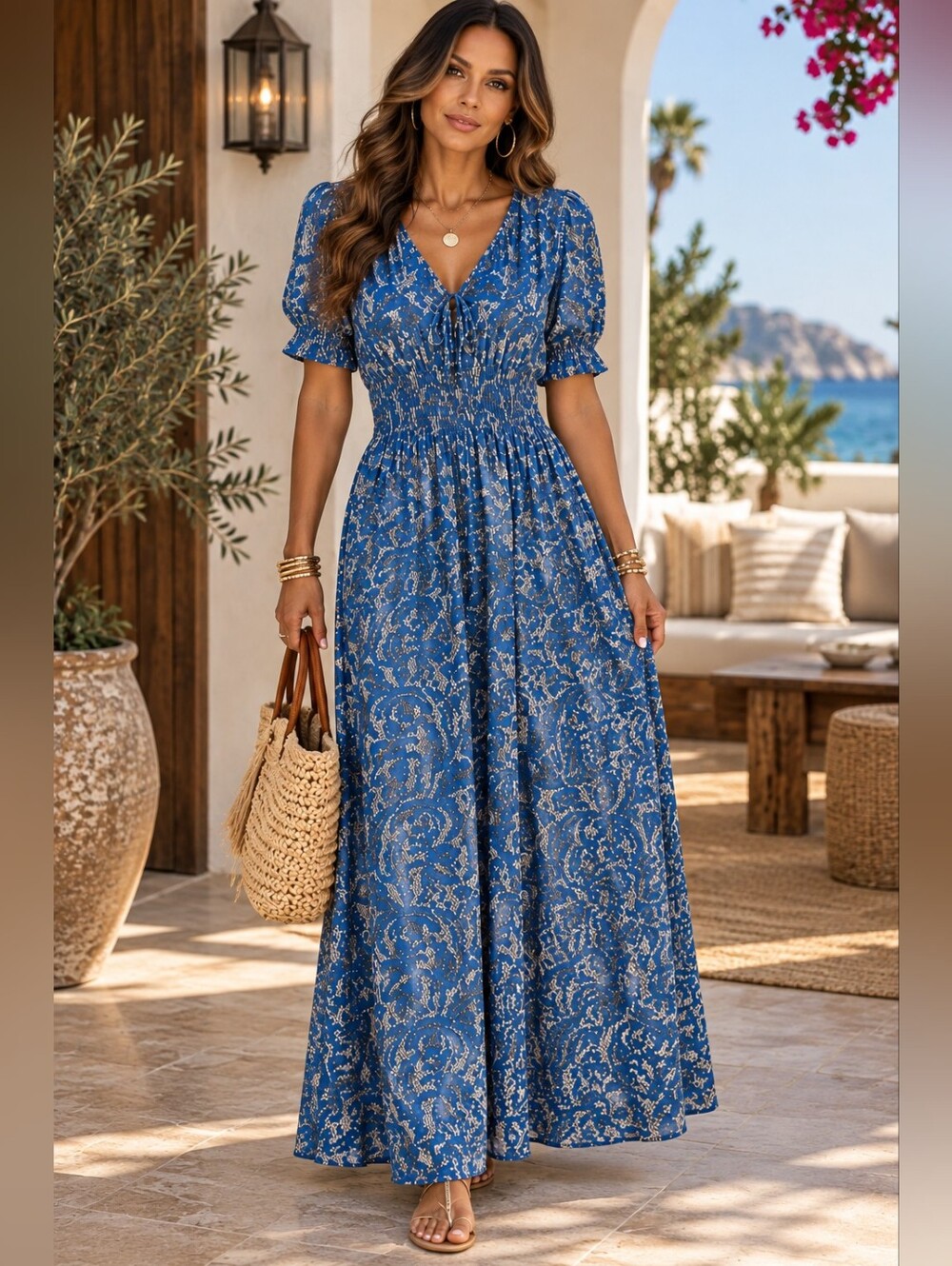 Seven Islands Blue Printed Smocked Waist Maxi Dress Shimmer Detail Medium